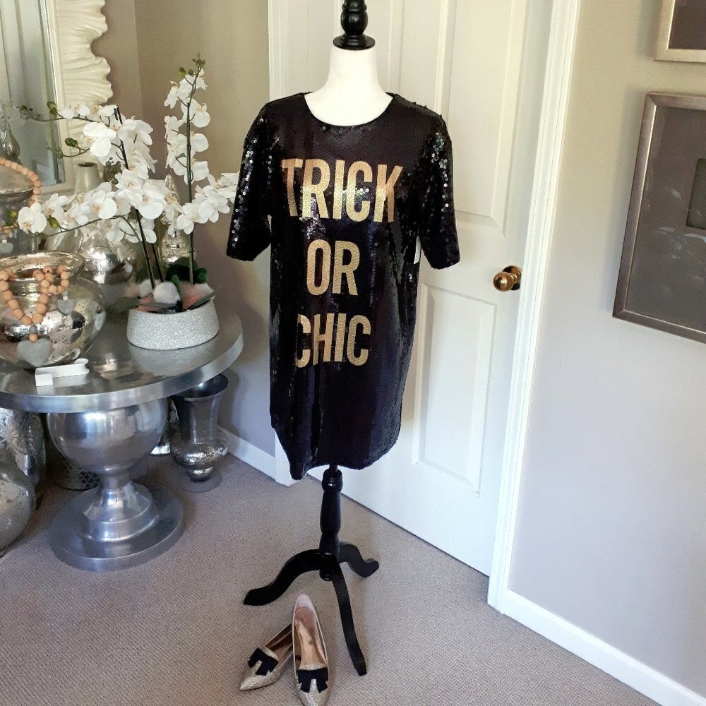 NWT Moschino TRICK OR CHIC black & gold sequin mini holiday dress - Picture 9 of 11